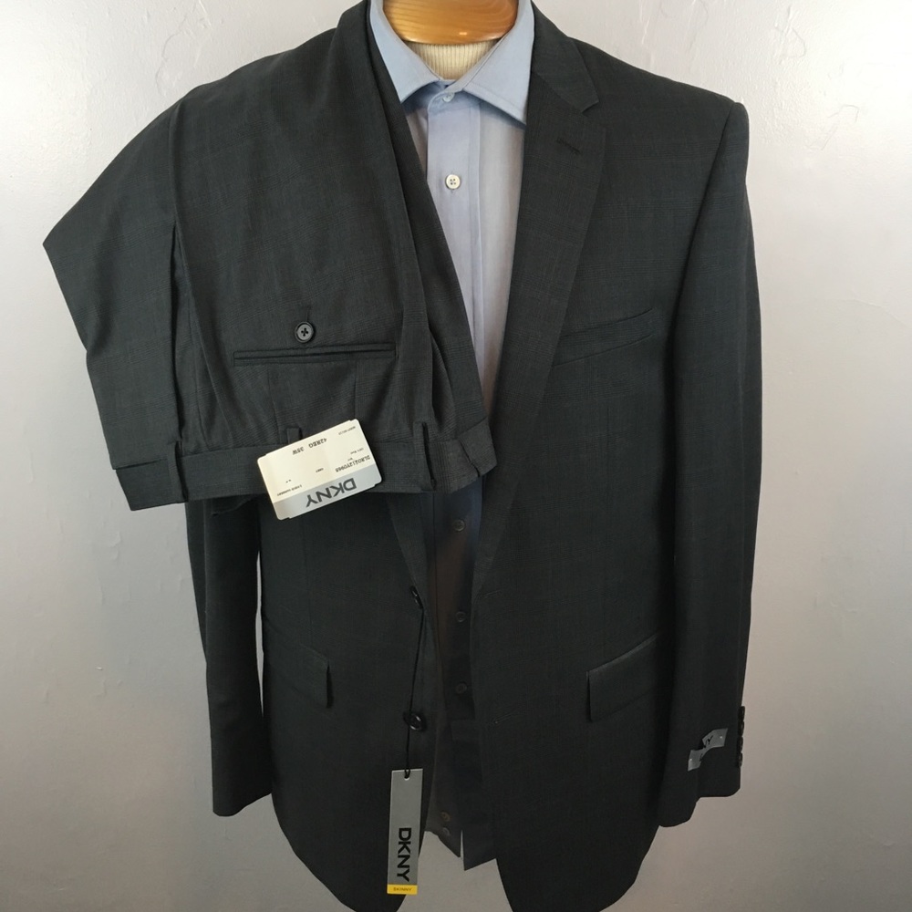 Dkny mens suit gray checks plaids 42r skinny fit 100% wool 2 button new ea0054